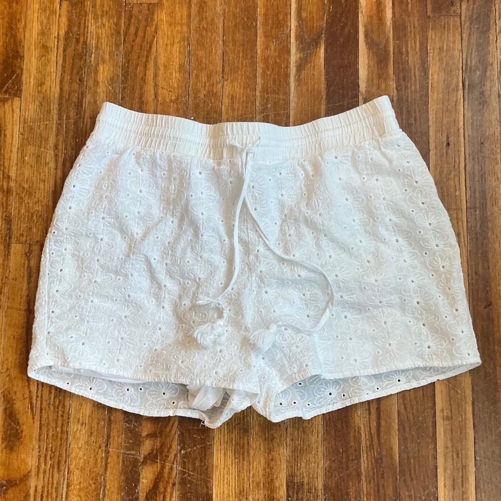 Stella Parker White Cotton Eyelet Shorts Elastic Waist Tassel Drawstring S